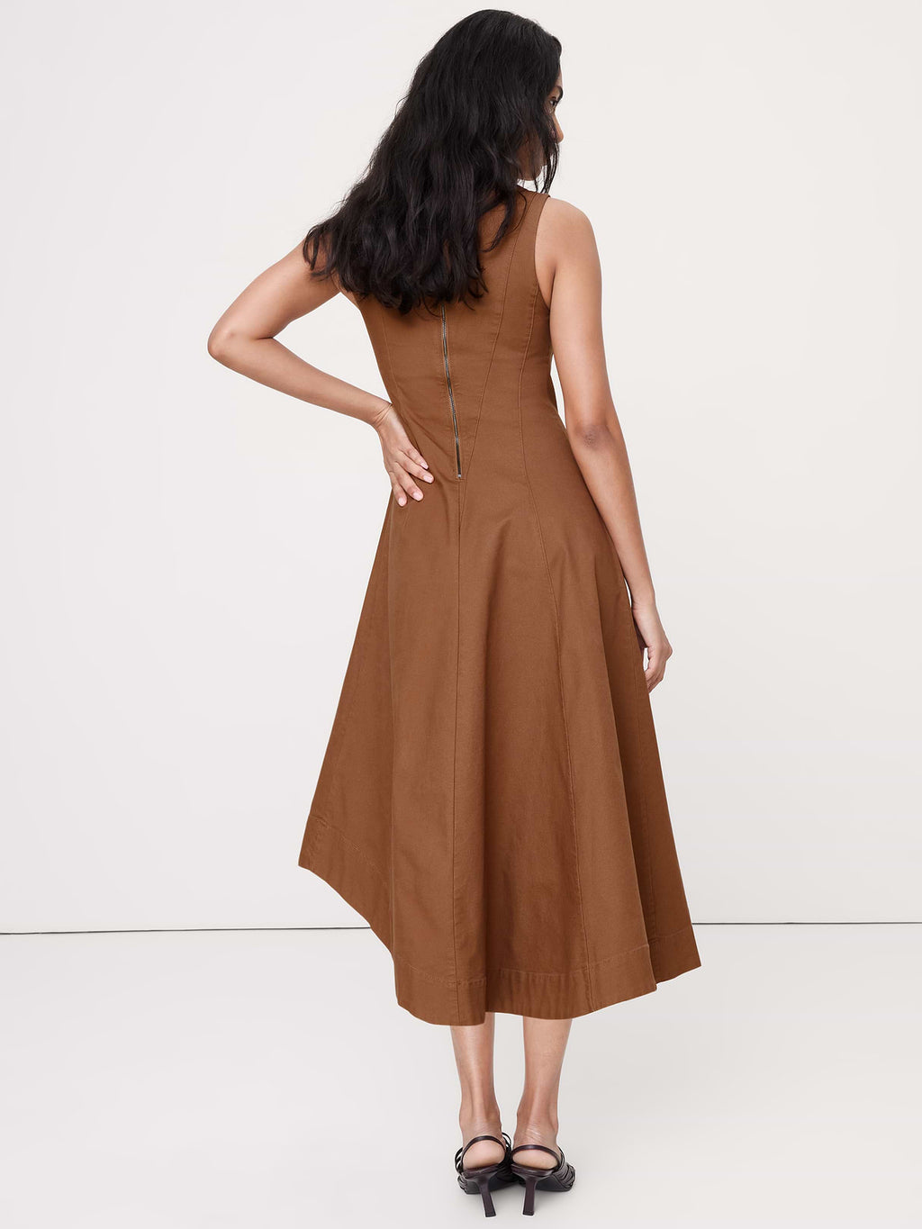 Cotton Canvas Asymmetric Midi Dress - Cinnamon Coffee Brown