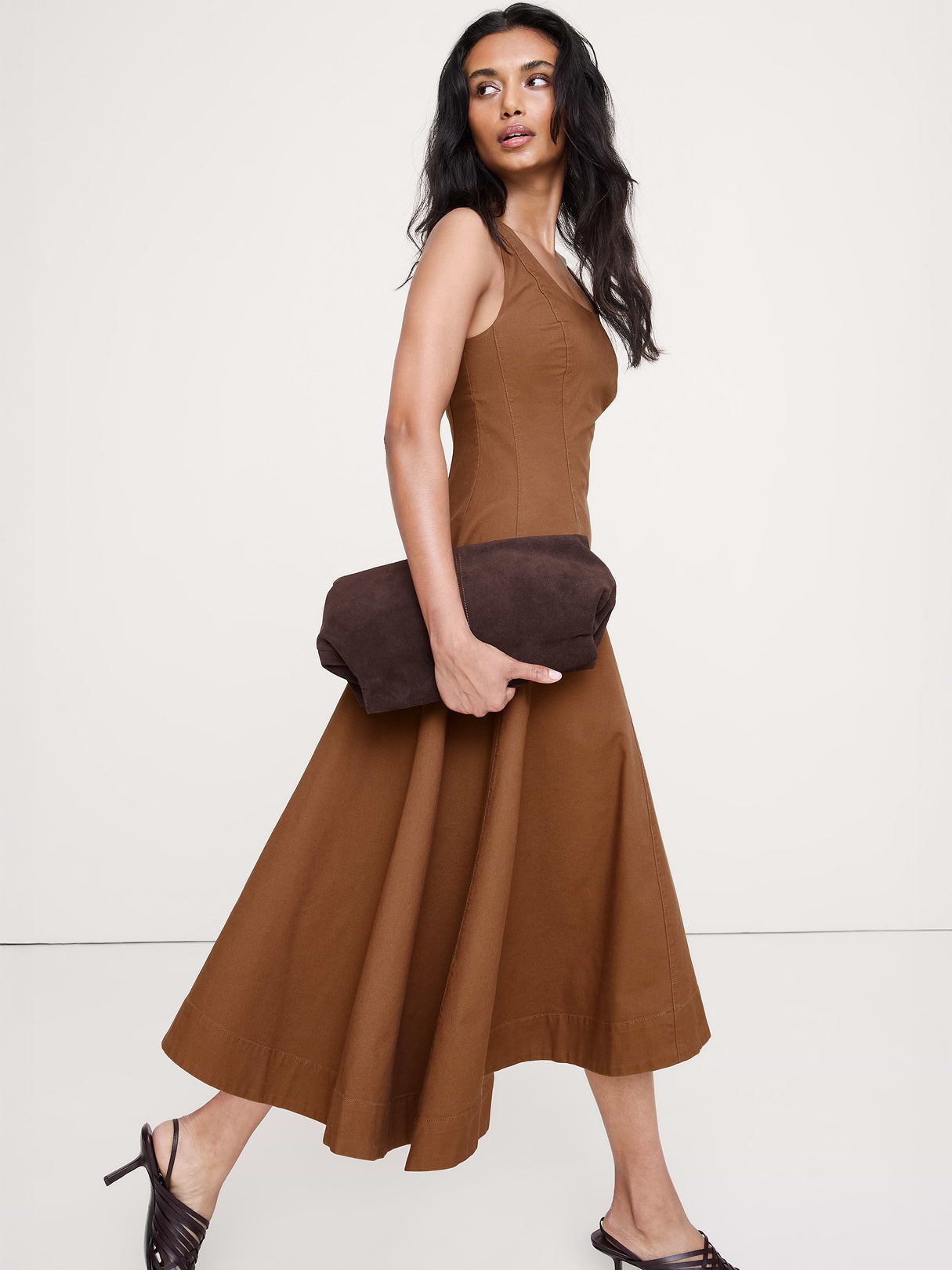 Cotton Canvas Asymmetric Midi Dress - Cinnamon Coffee Brown