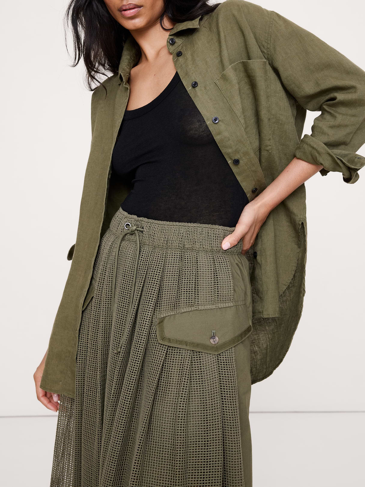 Mixed Media Utility Skirt - Fresh Olive Green