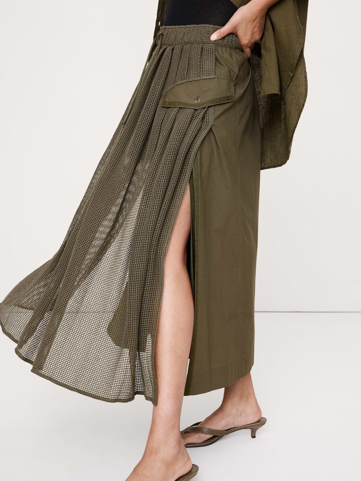 Mixed Media Utility Skirt - Fresh Olive Green