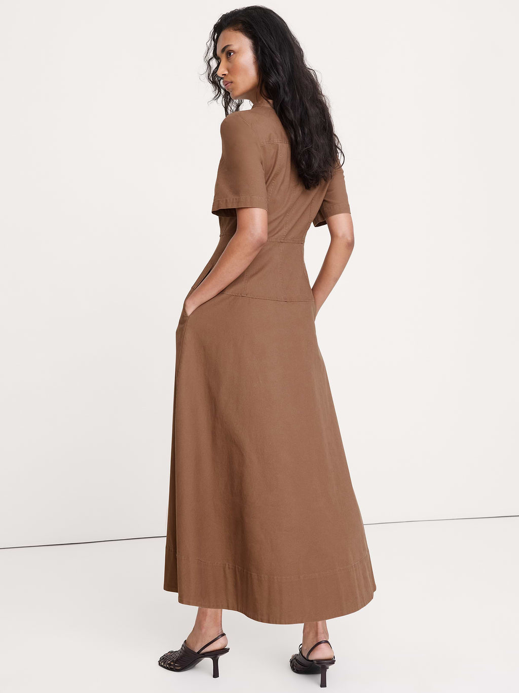 Cotton Canvas Zip-Front Dress - Cinnamon Coffee Brown
