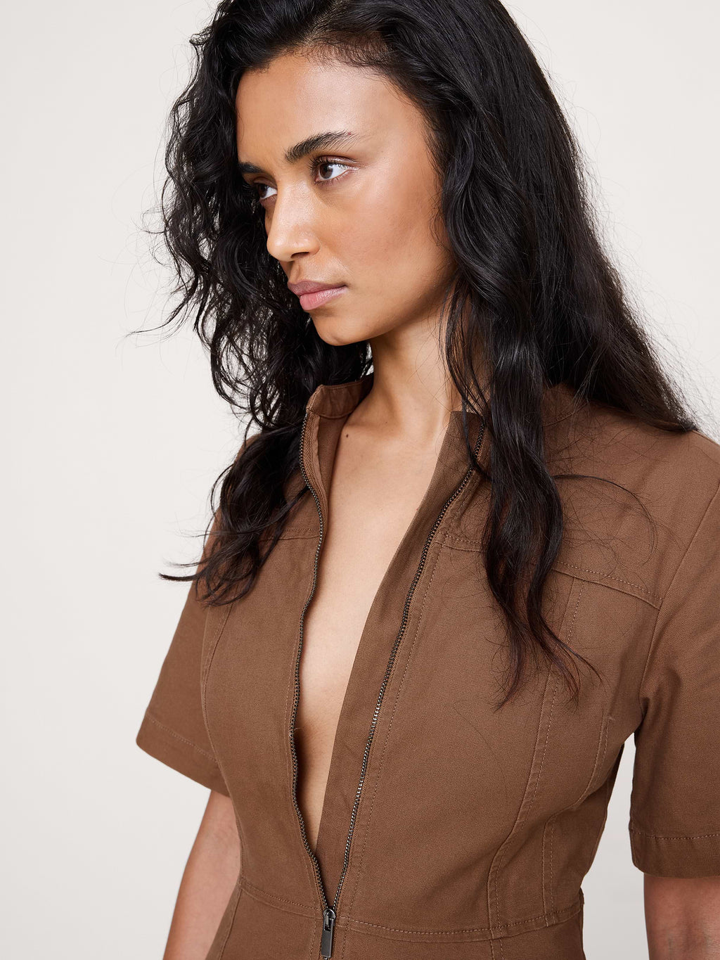 Cotton Canvas Zip-Front Dress - Cinnamon Coffee Brown