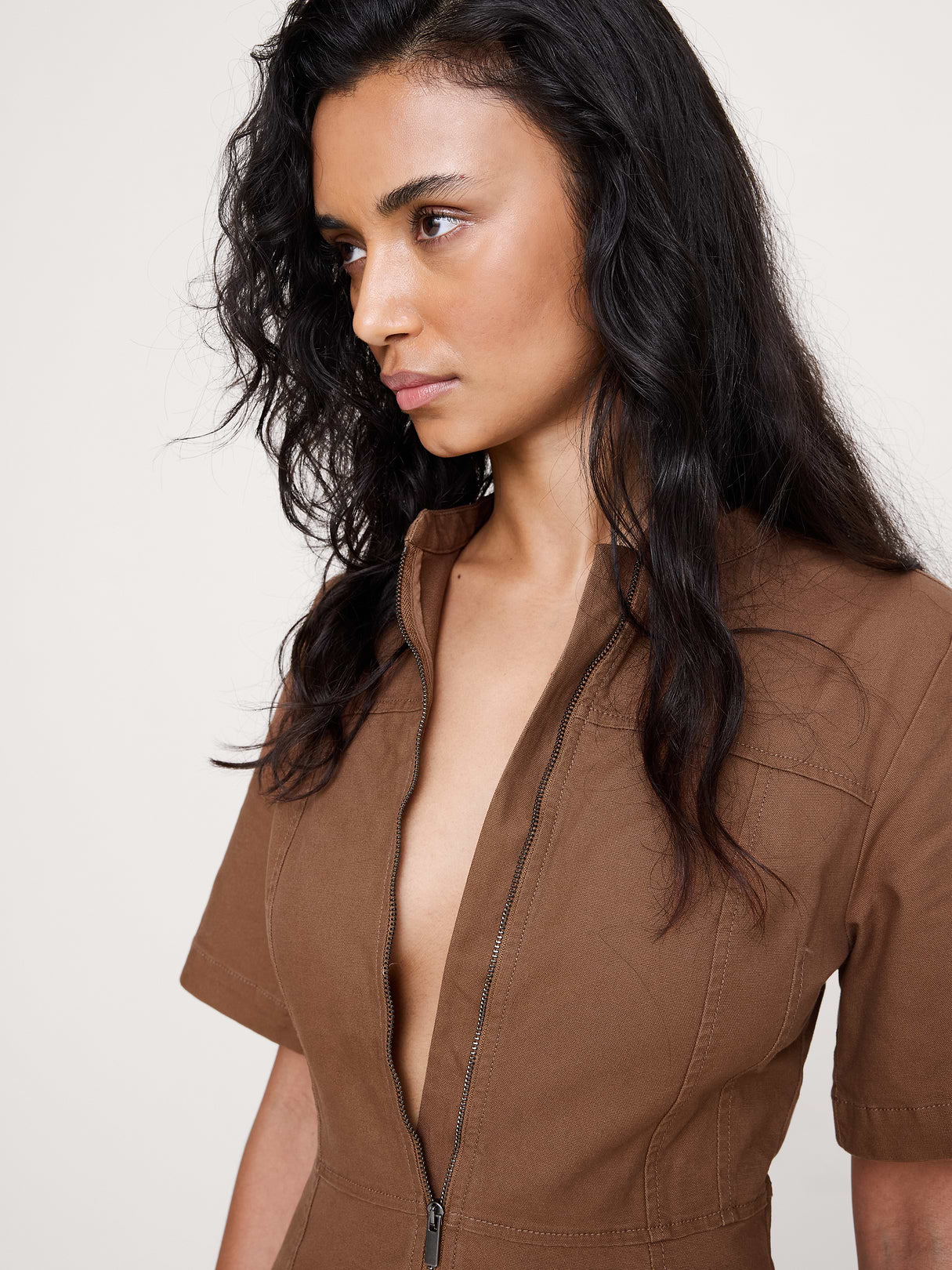 Cotton Canvas Zip-Front Dress - Cinnamon Coffee Brown