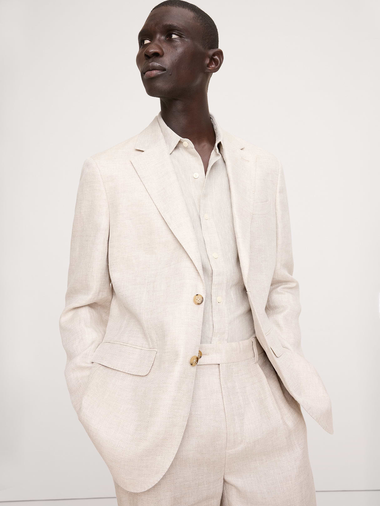 Tailored Slim-Fit Herringbone Linen Suit Jacket - Natural