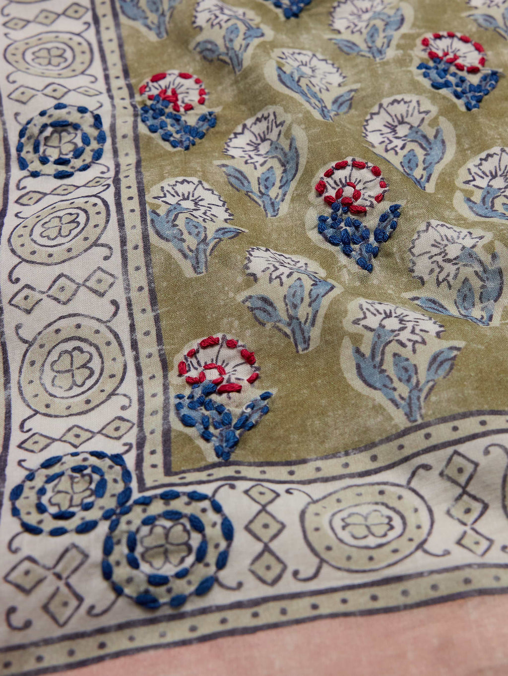 Embroidered Cotton Scarf by Vismaya - Olive Green