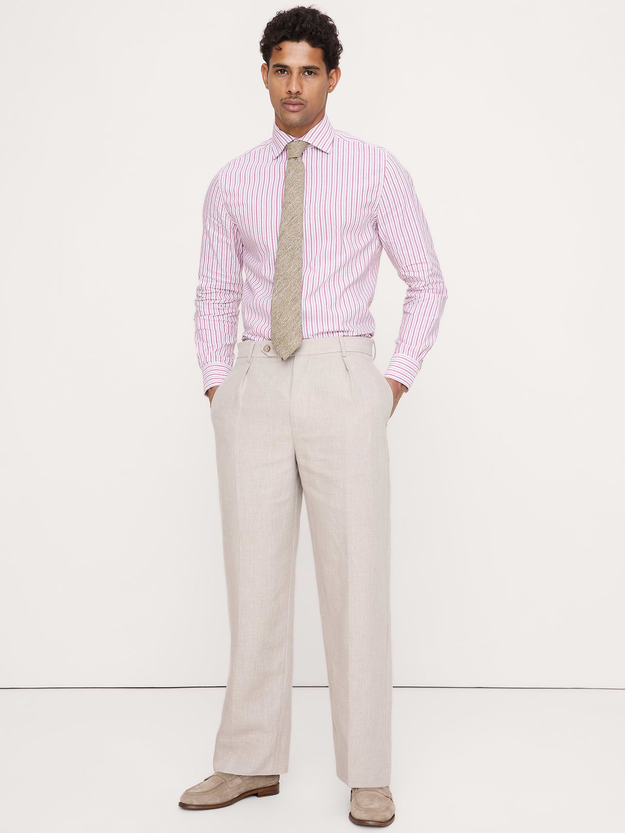 Slim-Fit Linen-Cotton Dress Shirt - White & Red Stripe