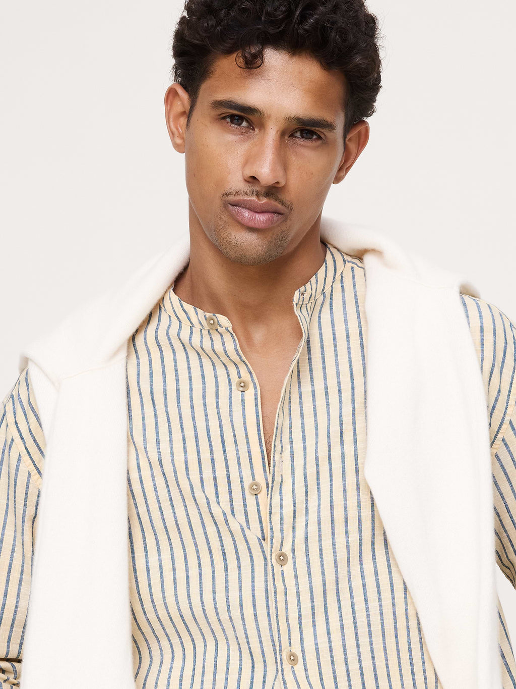 Relaxed-Fit Cotton-Slub Banded-Collar Shirt - Yellow Stripe