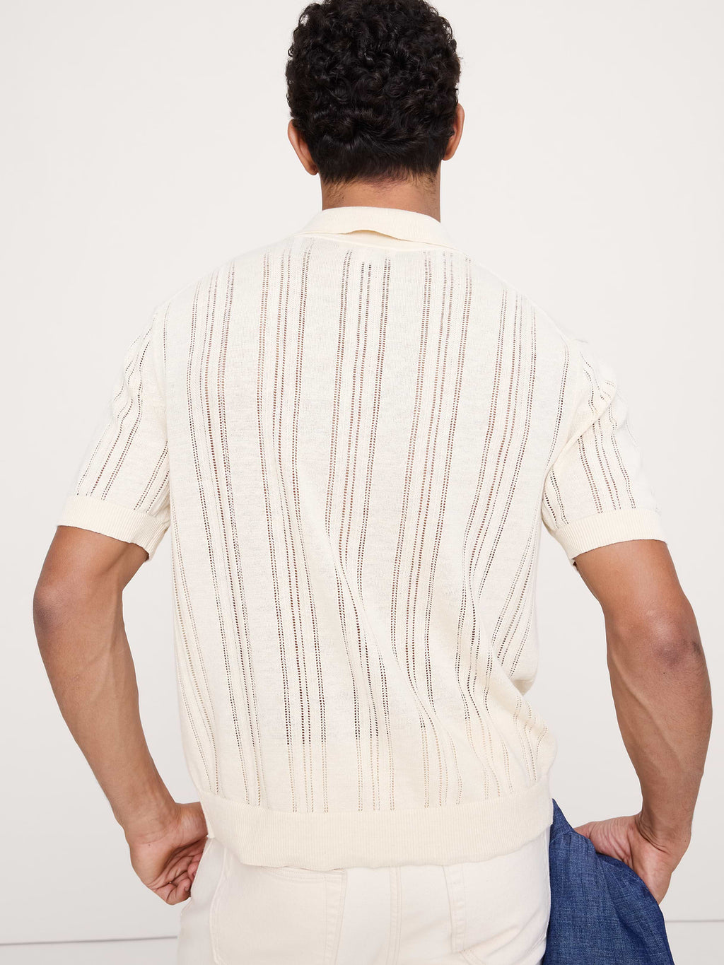 Linen-Cotton Textured Polo Cardigan - Cream White