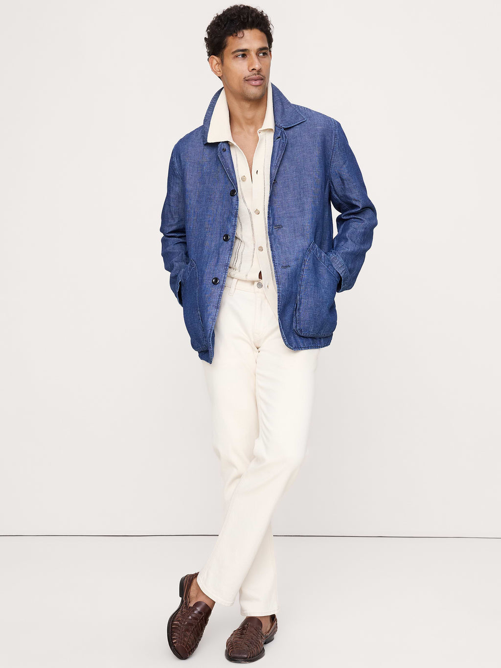 Linen-Cotton Textured Polo Cardigan - Cream White