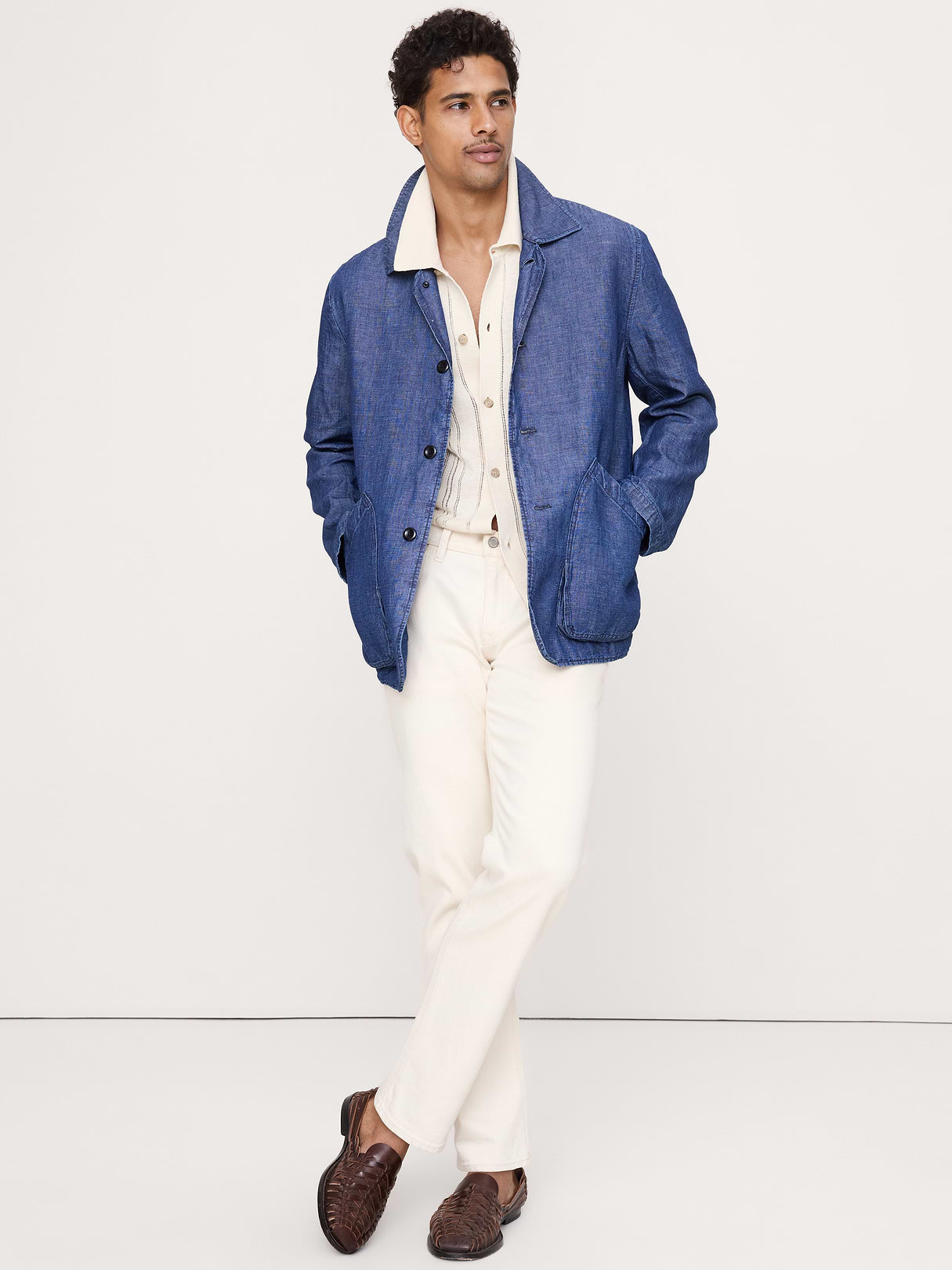 Linen-Cotton Textured Polo Cardigan - Cream White