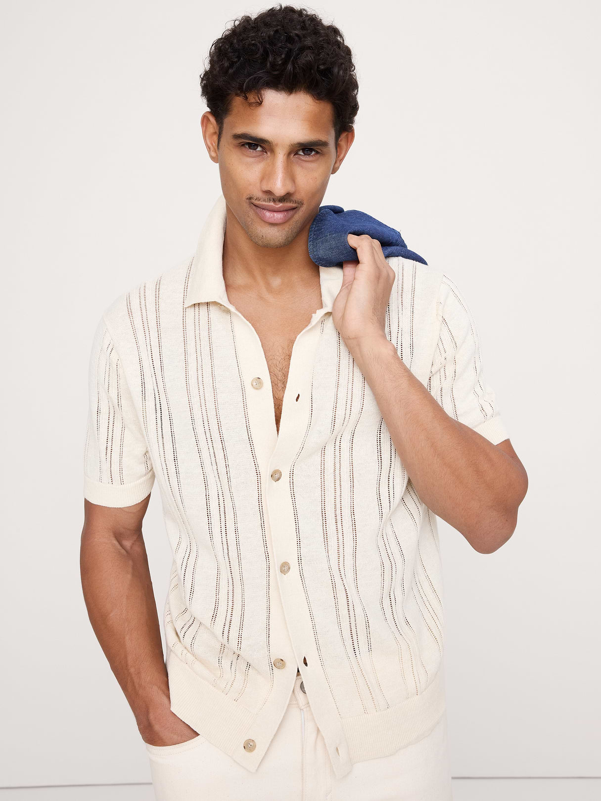 Linen-Cotton Textured Polo Cardigan - Cream White