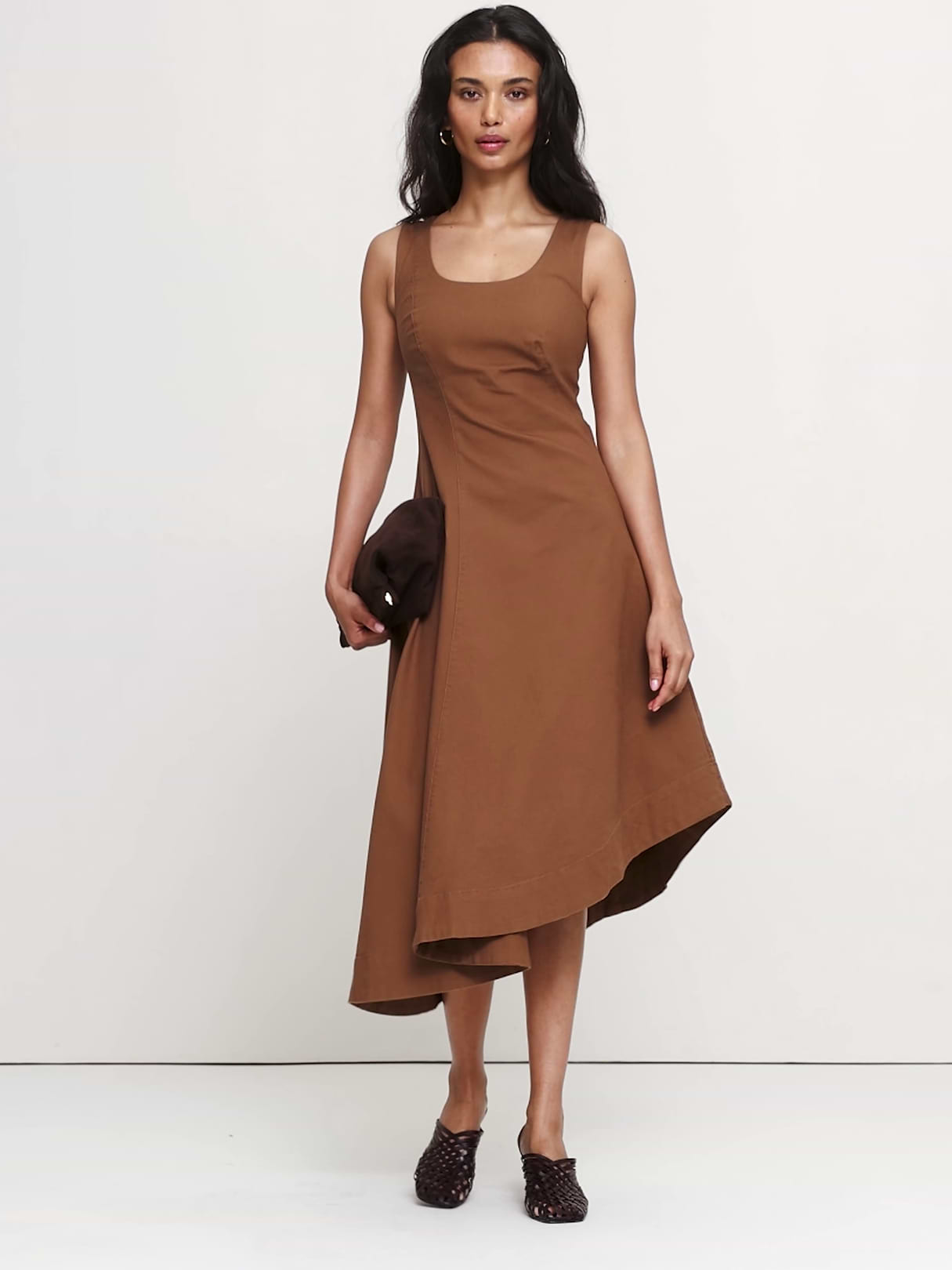 Cotton Canvas Asymmetric Midi Dress - Cinnamon Coffee Brown