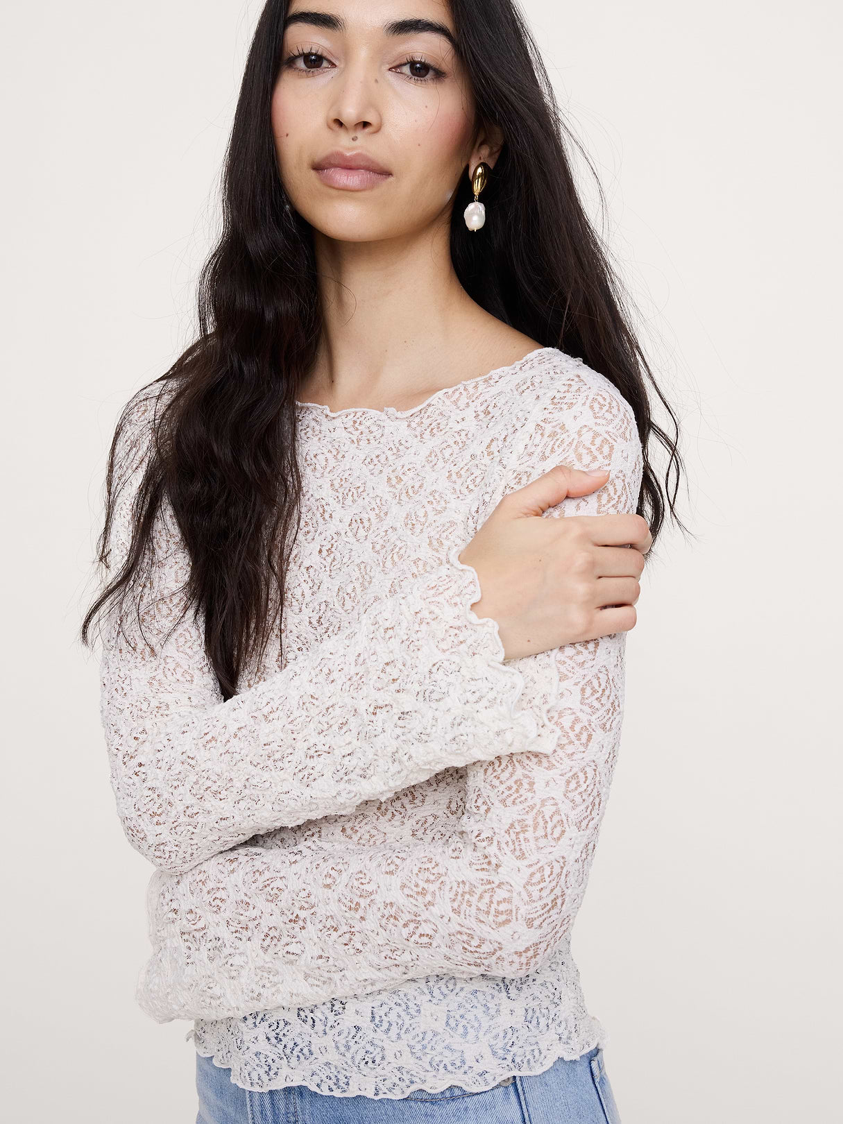 Lace Flare-Sleeve Top - Cream White