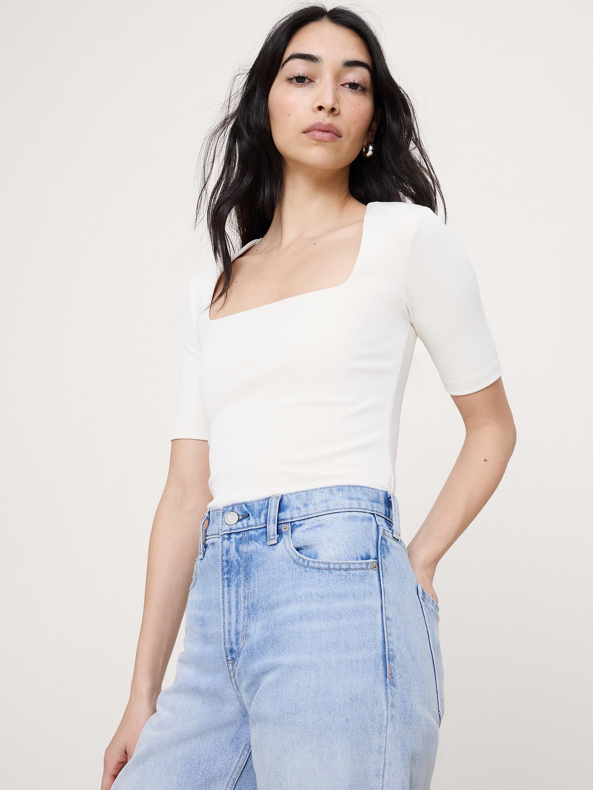 Sculpted-Stretch Square-Neck Top - Cream White