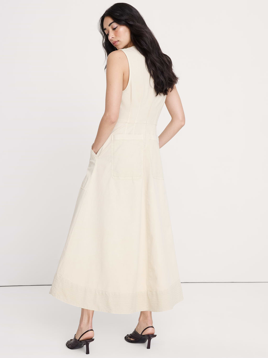 Cotton Canvas Utility Pocket Maxi Dress - Cream White