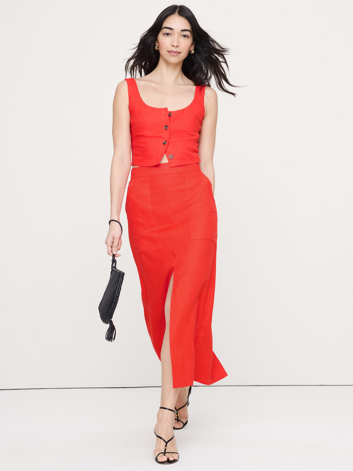 Linen Front-Slit Midi Skirt - Hot Red