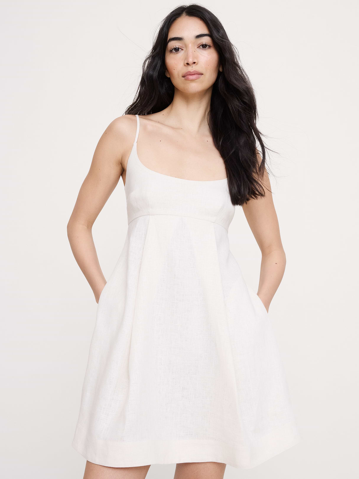 Linen Strappy Empire-Waist Mini Dress - Cream White