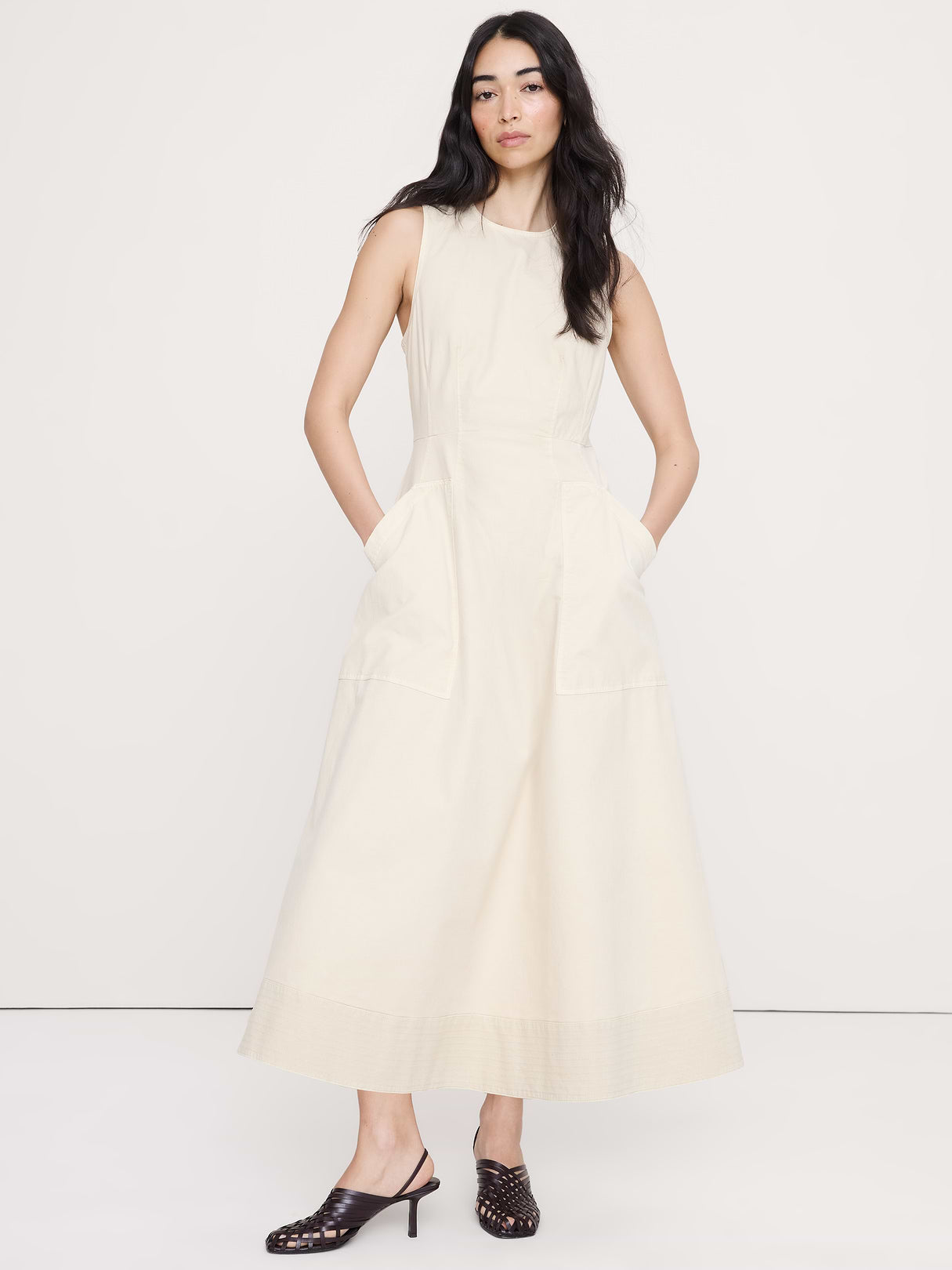 Cotton Canvas Utility Pocket Maxi Dress - Cream White