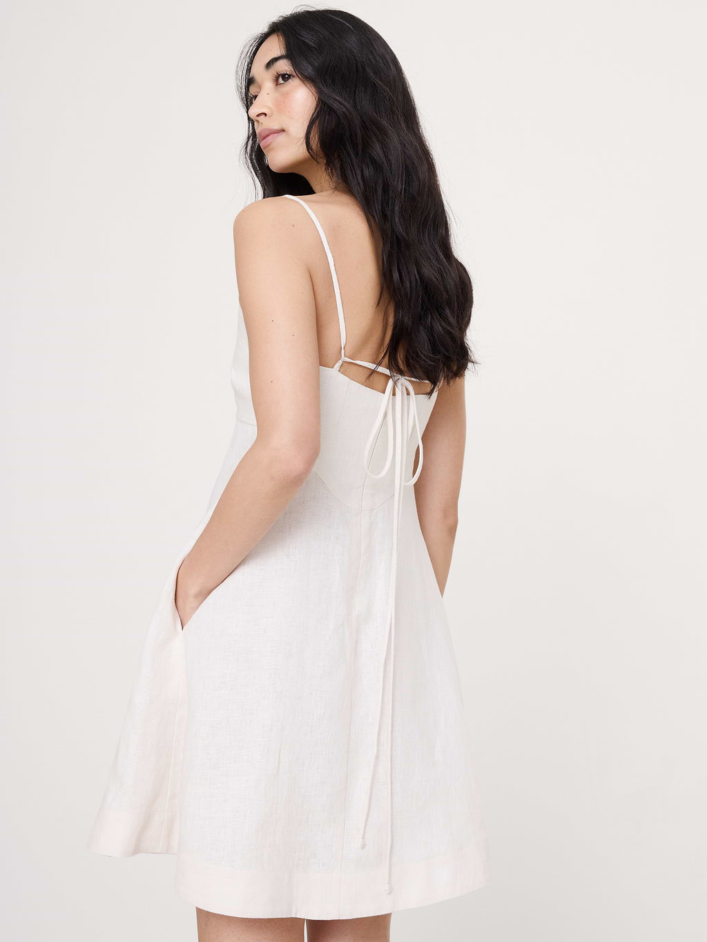 Linen Strappy Empire-Waist Mini Dress - Cream White