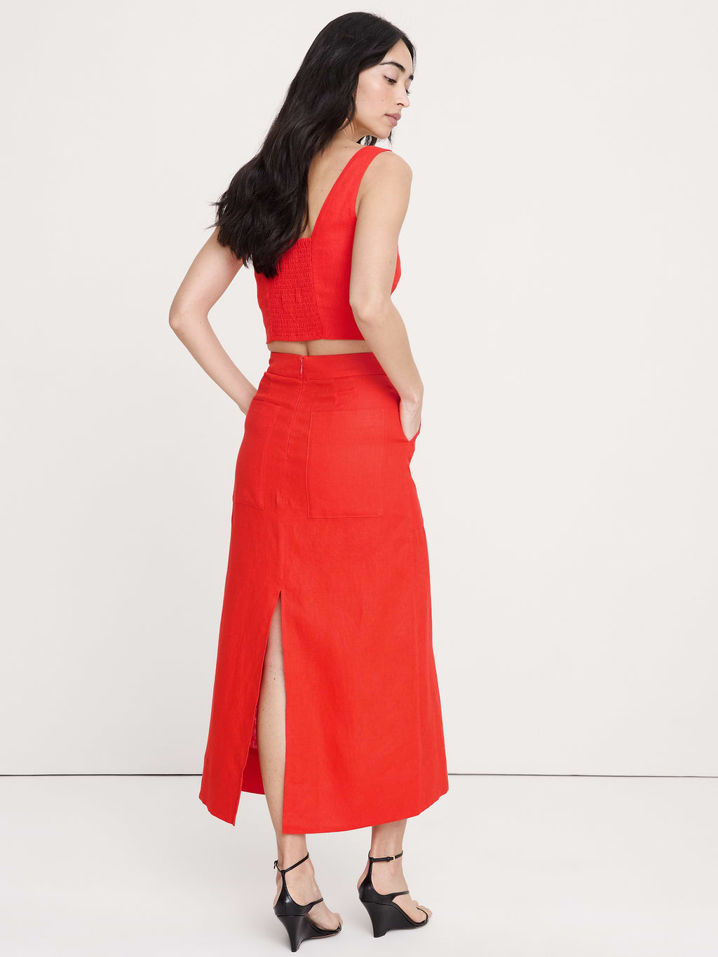 Linen Front-Slit Midi Skirt - Hot Red