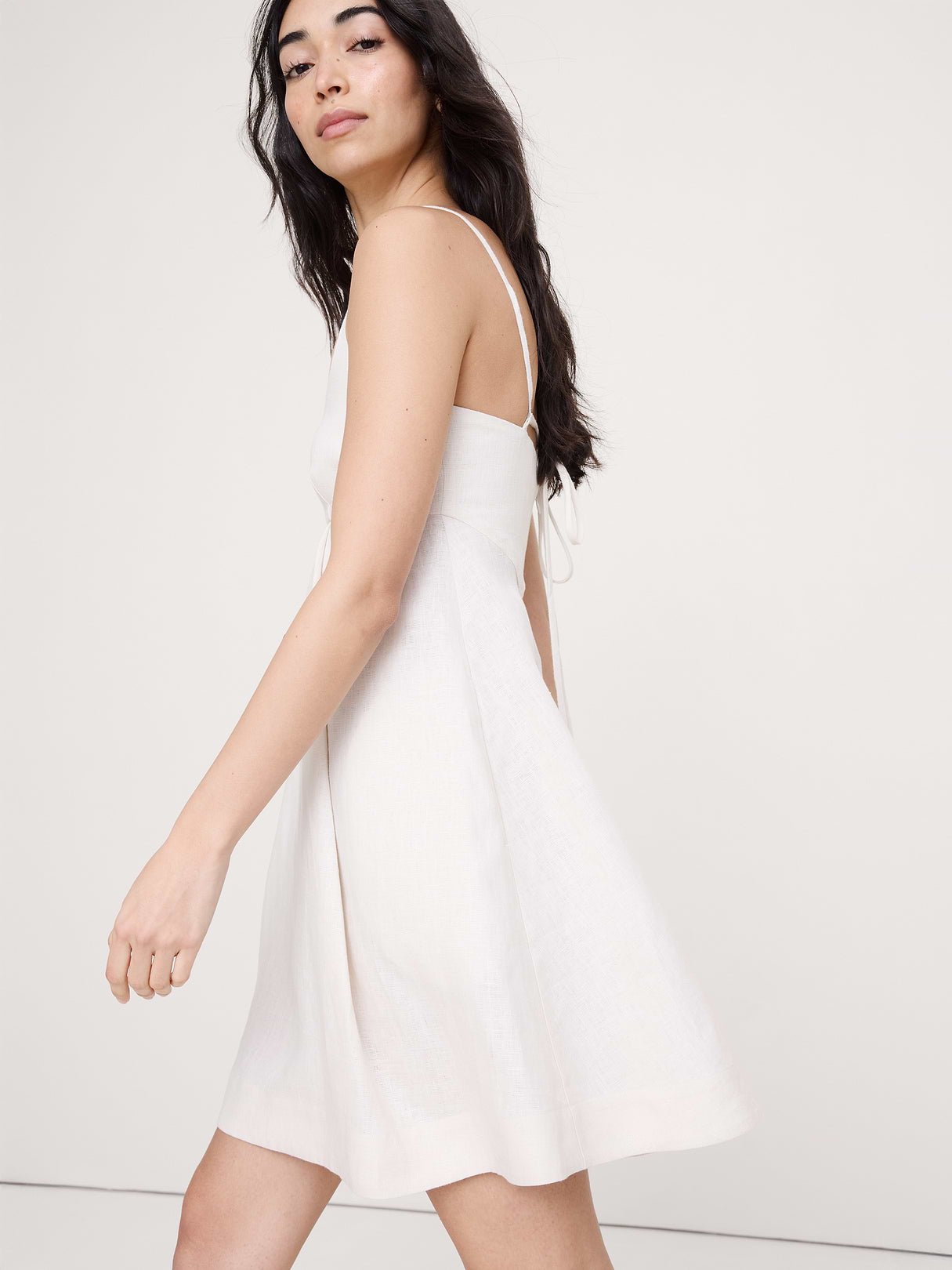 Linen Strappy Empire-Waist Mini Dress - Cream White