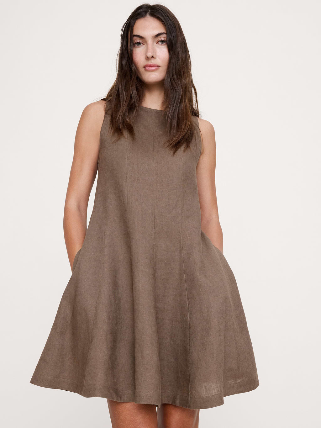 Paneled Linen Mini Dress - Shitake Taupe