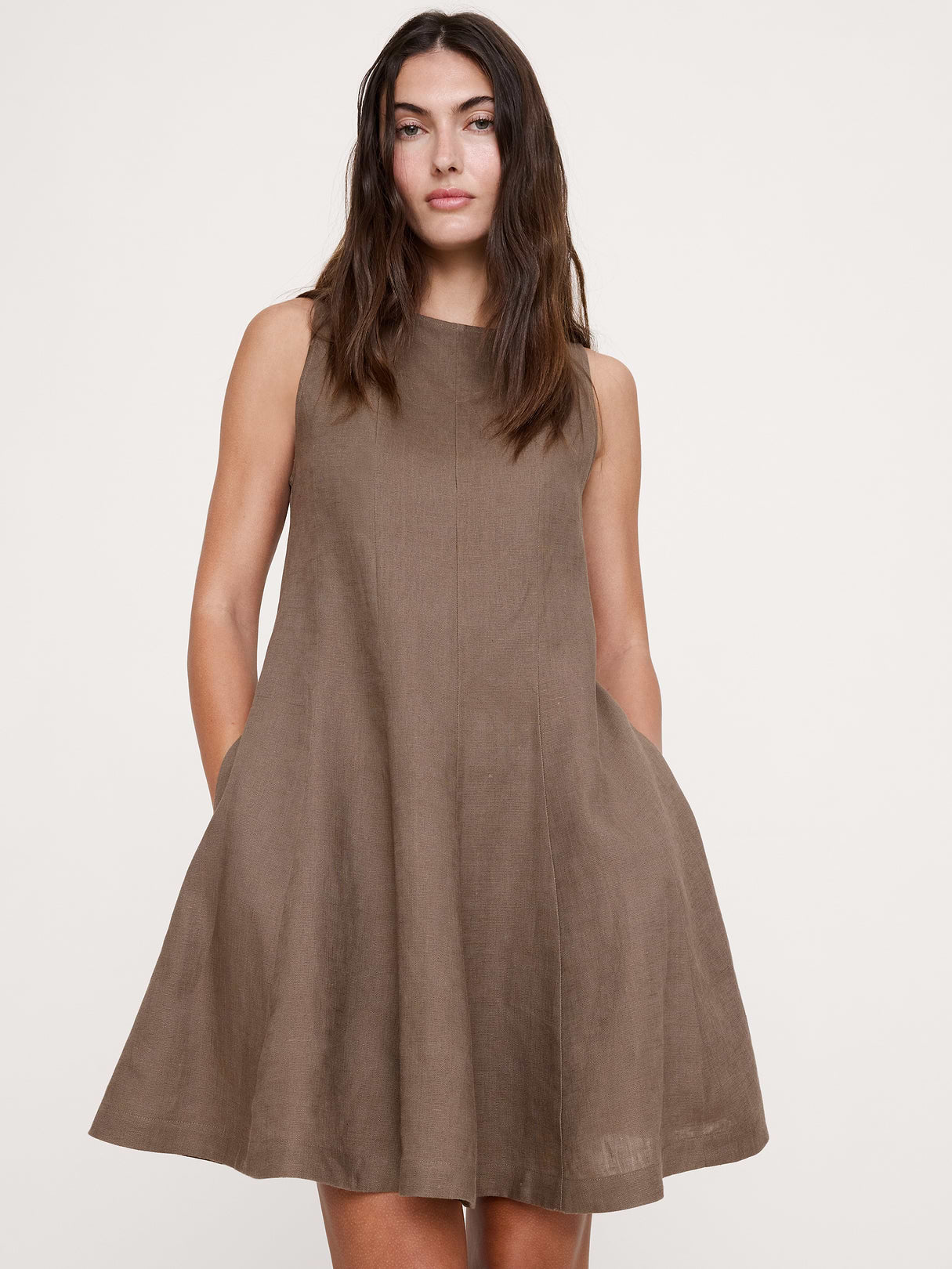 Paneled Linen Mini Dress - Shitake Taupe