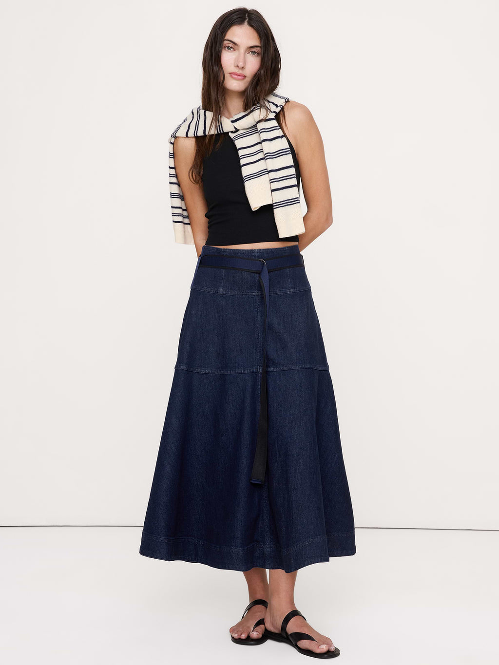 Denim Belted Midi Skirt - Dark Rinse