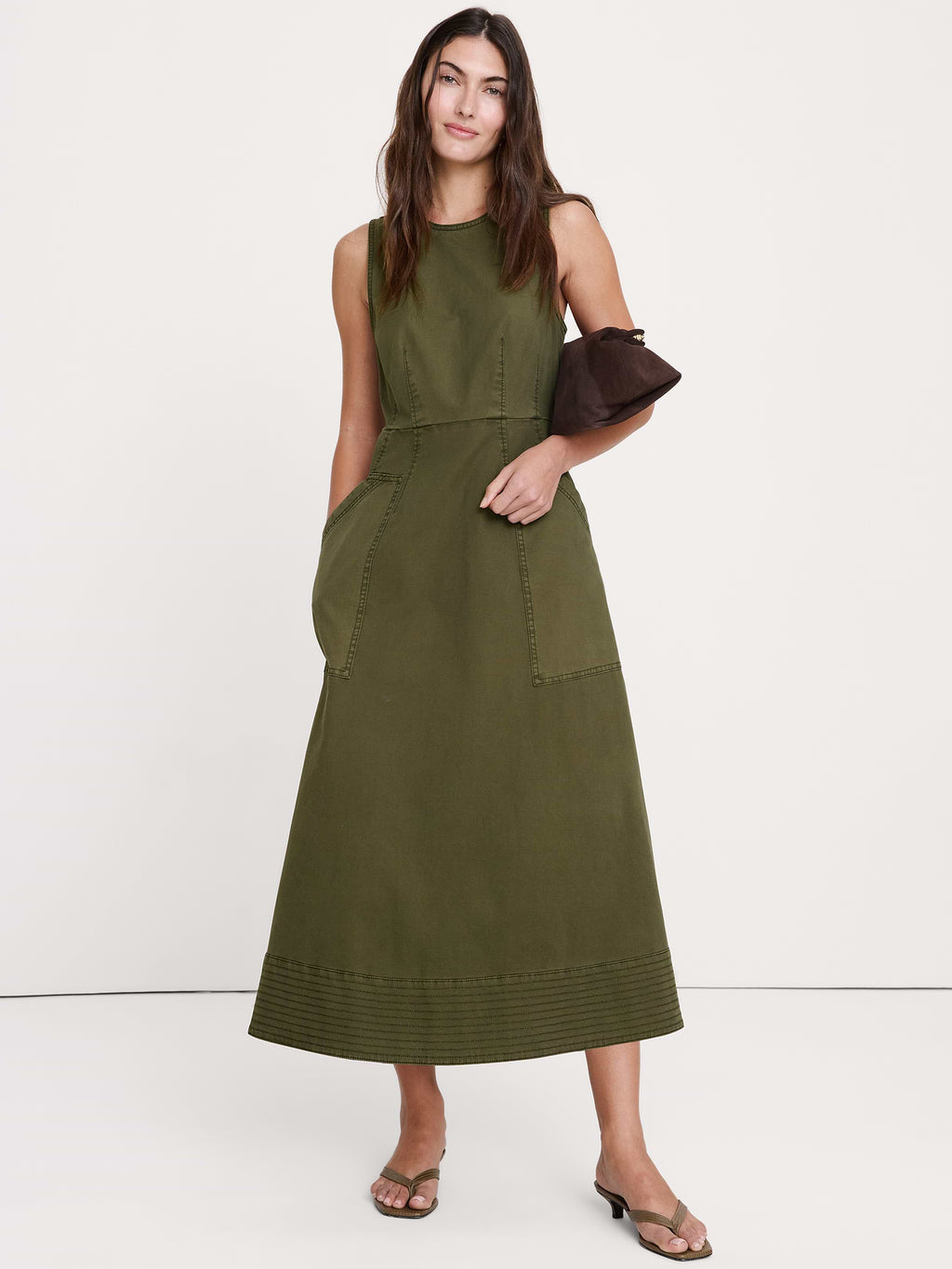 Cotton Canvas Utility Pocket Maxi Dress - Fresh Olive Green