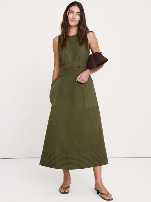 Cotton Canvas Utility Pocket Maxi Dress - Fresh Olive Green