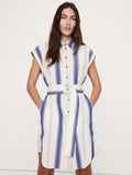 Cotton Poplin Belted Mini Shirt Dress - Dark Multi Stripe