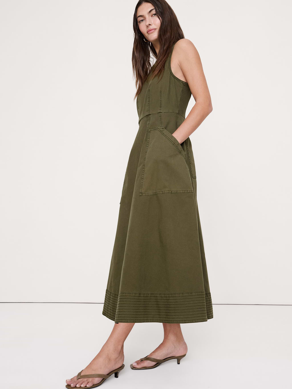 Cotton Canvas Utility Pocket Maxi Dress - Fresh Olive Green
