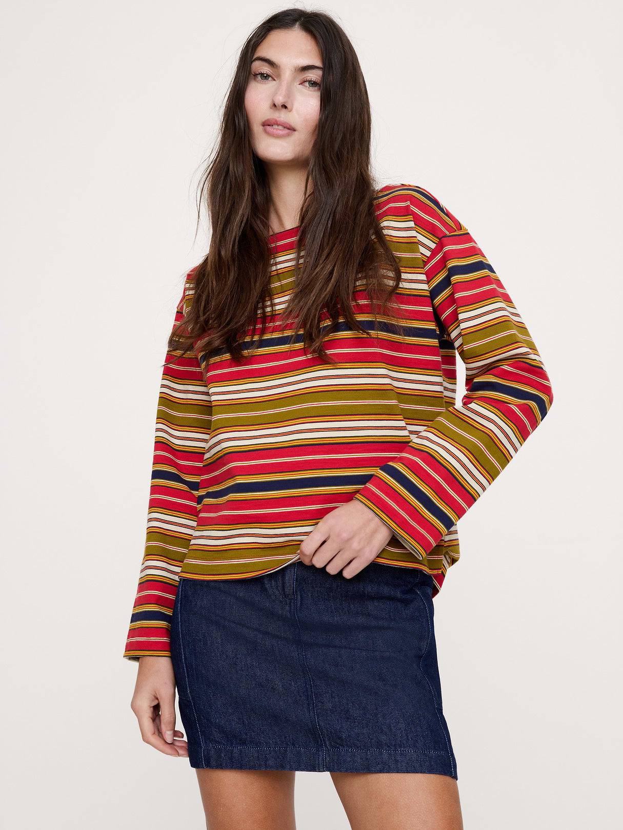 Relaxed Cotton Boat-Neck Top - Red Multi