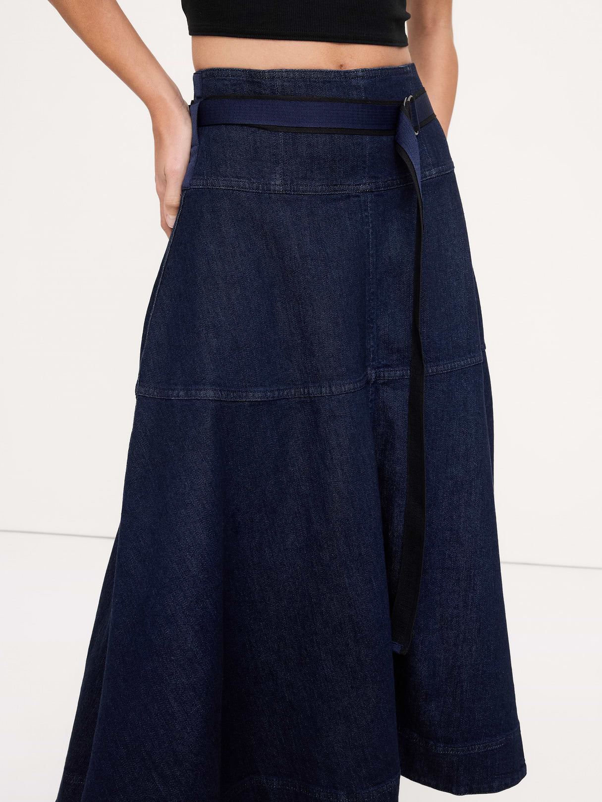 Denim Belted Midi Skirt - Dark Rinse