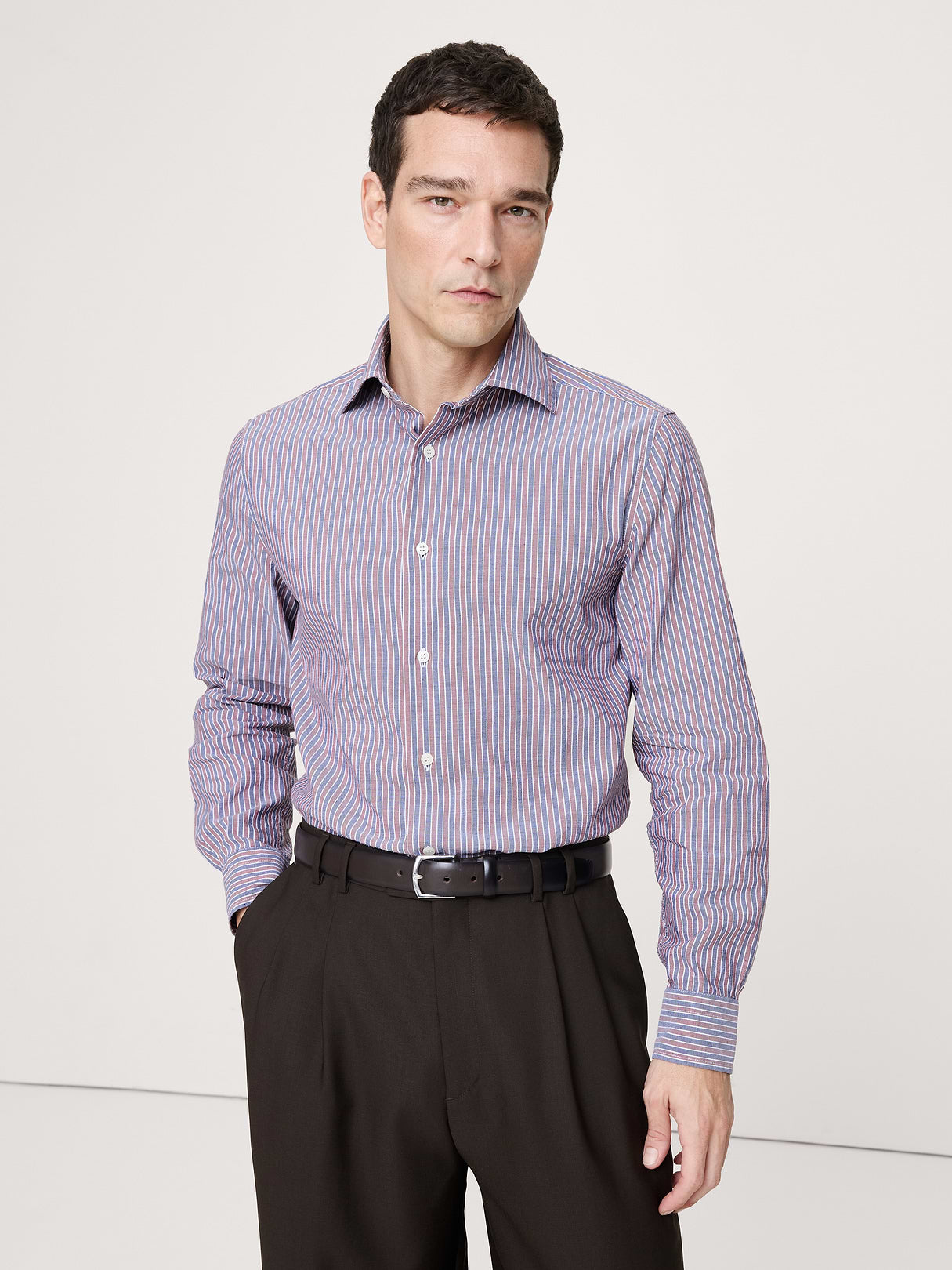 Slim-Fit Linen-Cotton Dress Shirt - Navy Blue & Brown