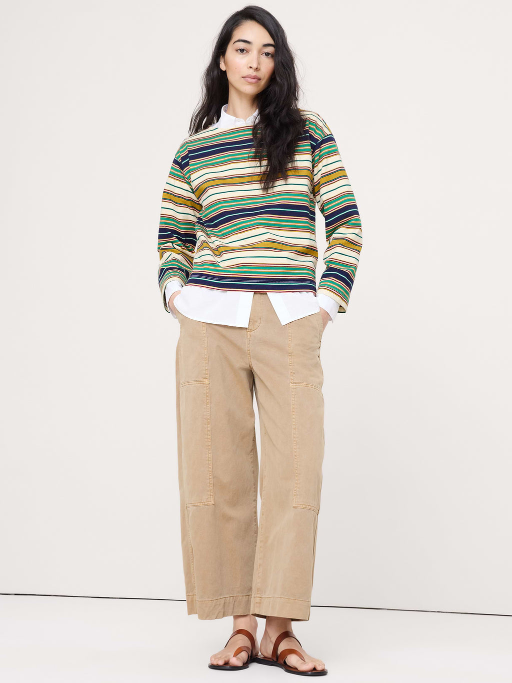 Relaxed Cotton Boat-Neck Top - Green Multi