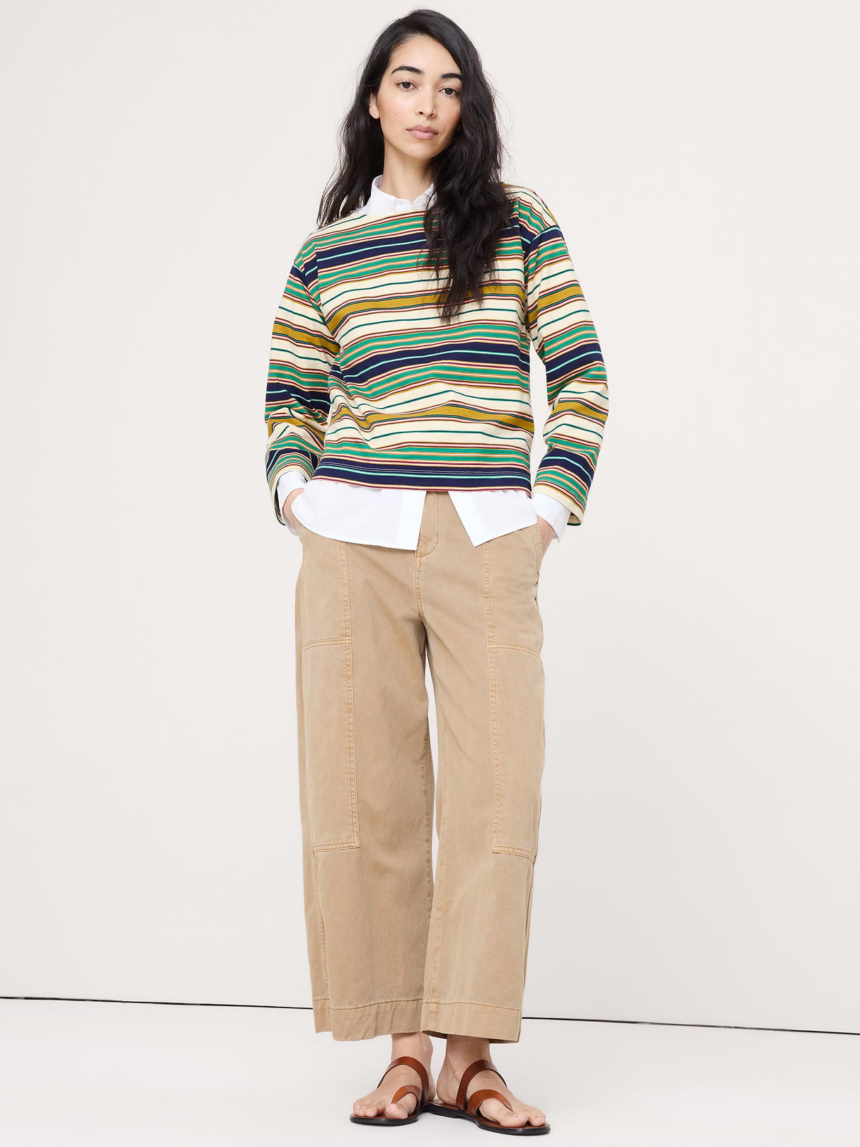 Relaxed Cotton Boat-Neck Top - Green Multi
