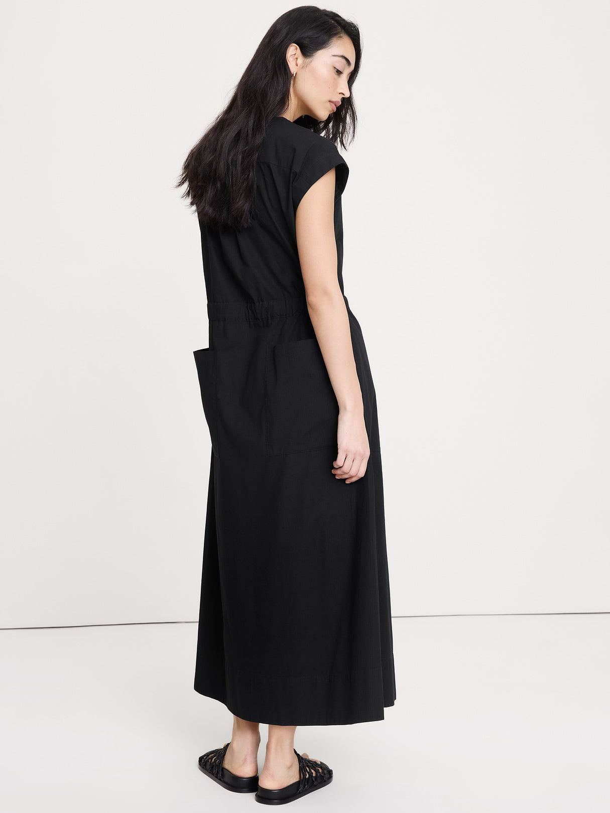 Stretch-Cotton Tie-Waist Maxi Dress - Black