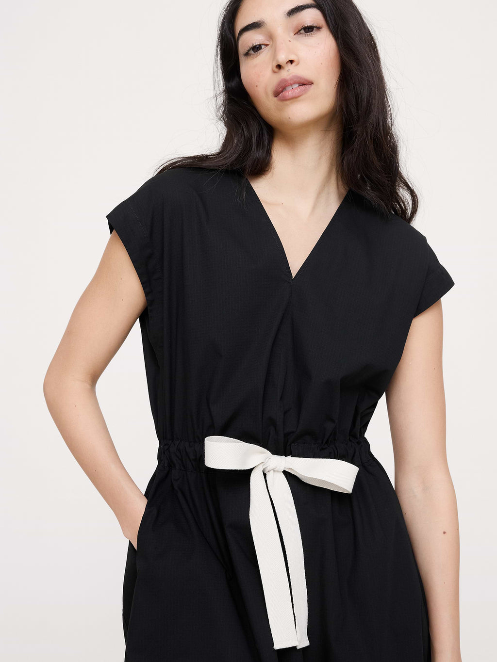 Stretch-Cotton Tie-Waist Maxi Dress - Black