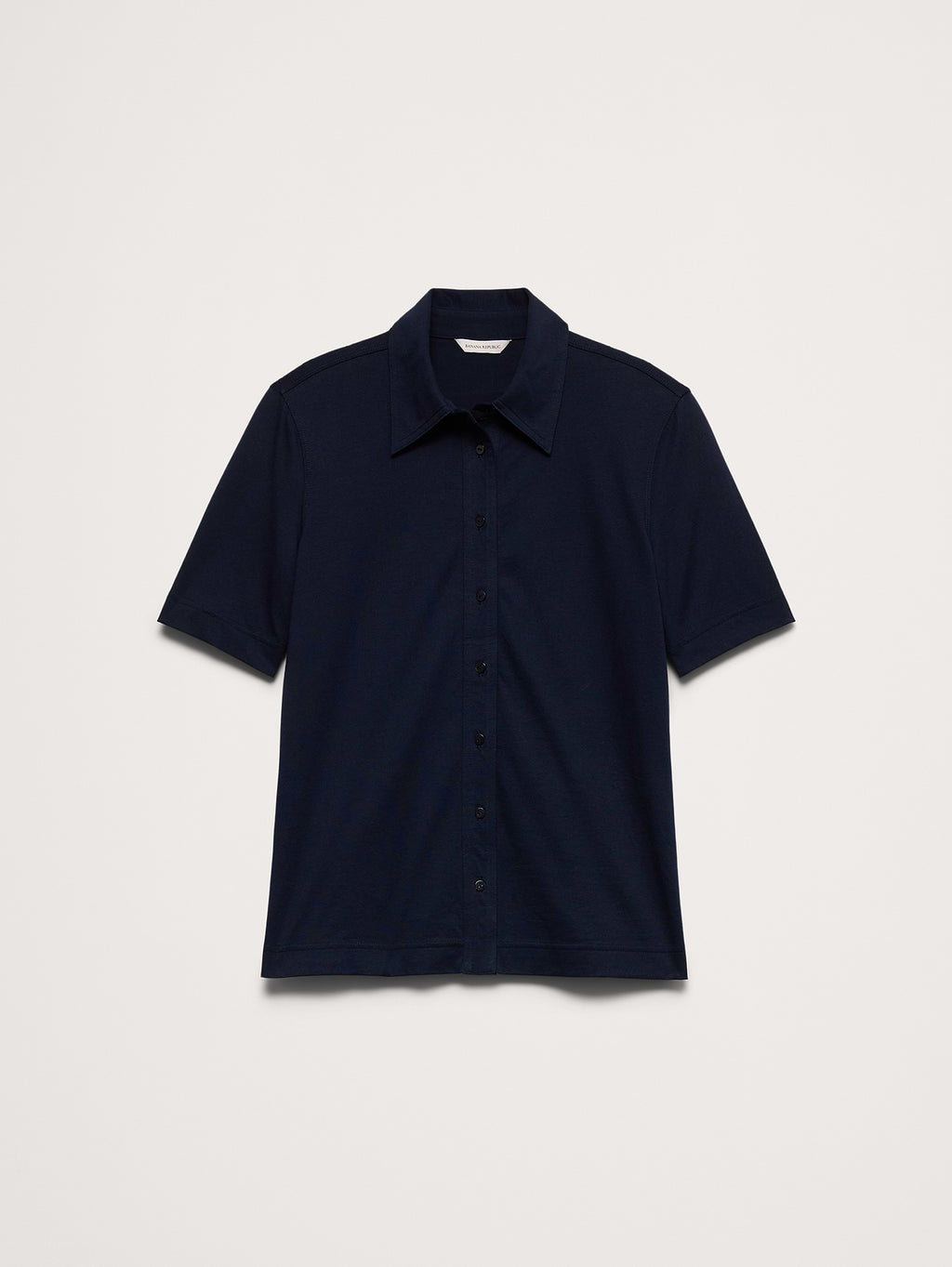 Silky Cotton Short-Sleeve Button-Down Top - Navy Blue