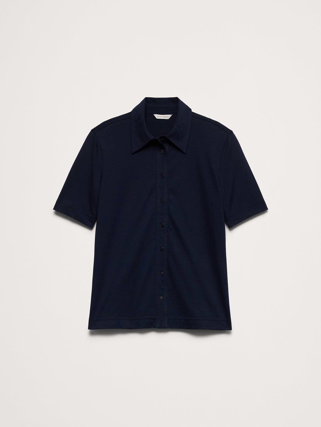 Silky Cotton Short-Sleeve Button-Down Top - Navy Blue