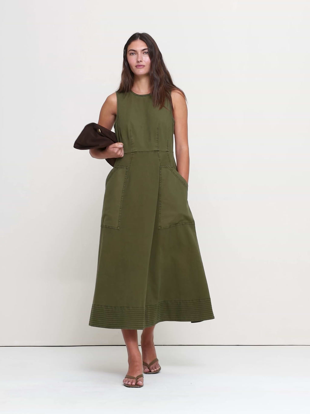Cotton Canvas Utility Pocket Maxi Dress - Fresh Olive Green