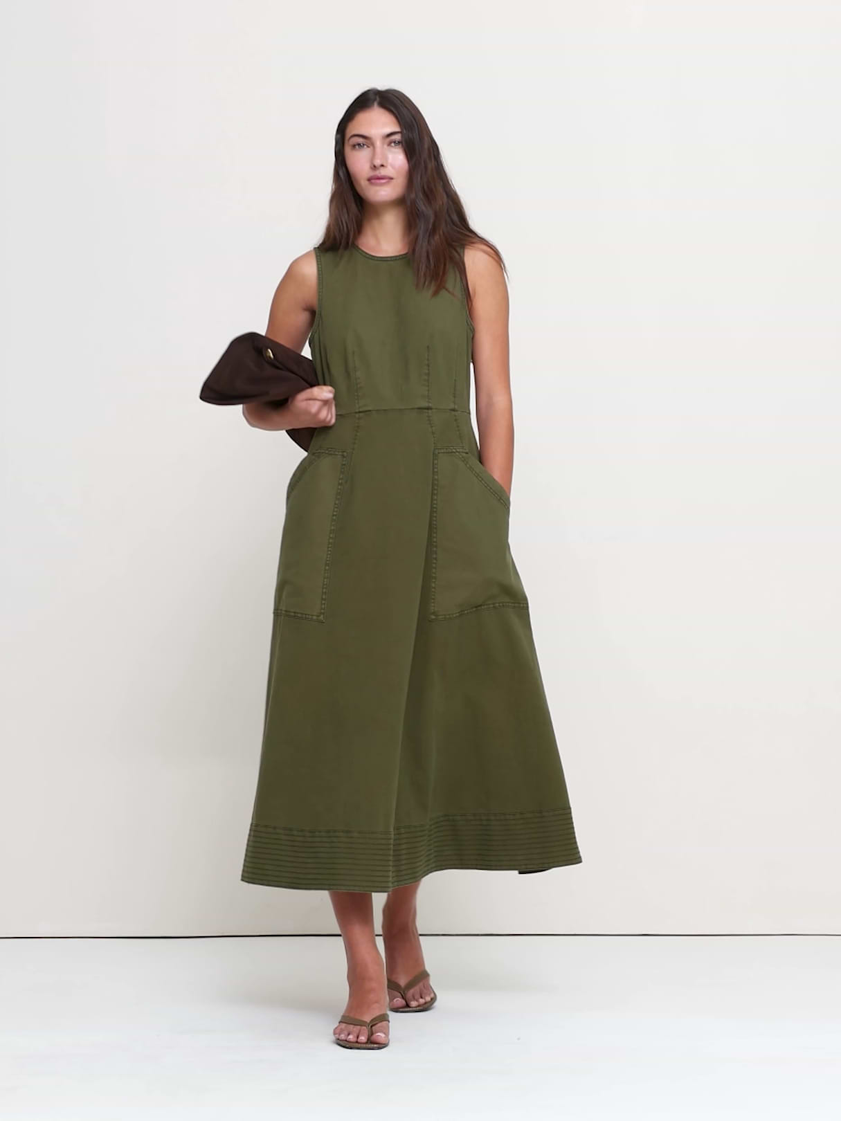 Cotton Canvas Utility Pocket Maxi Dress - Fresh Olive Green