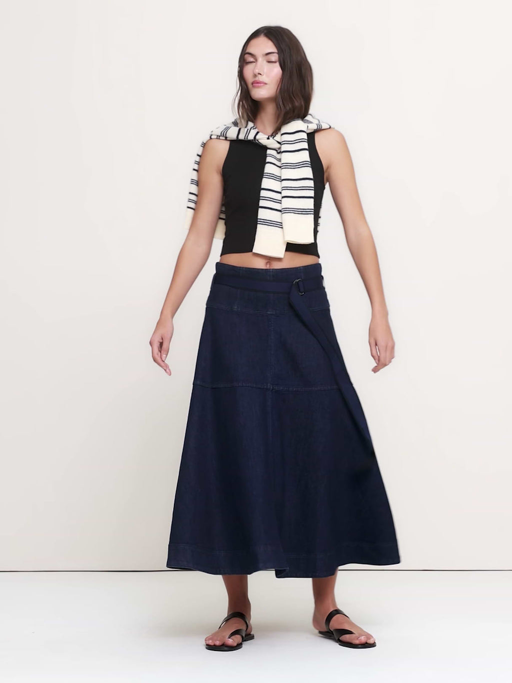 Denim Belted Midi Skirt - Dark Rinse