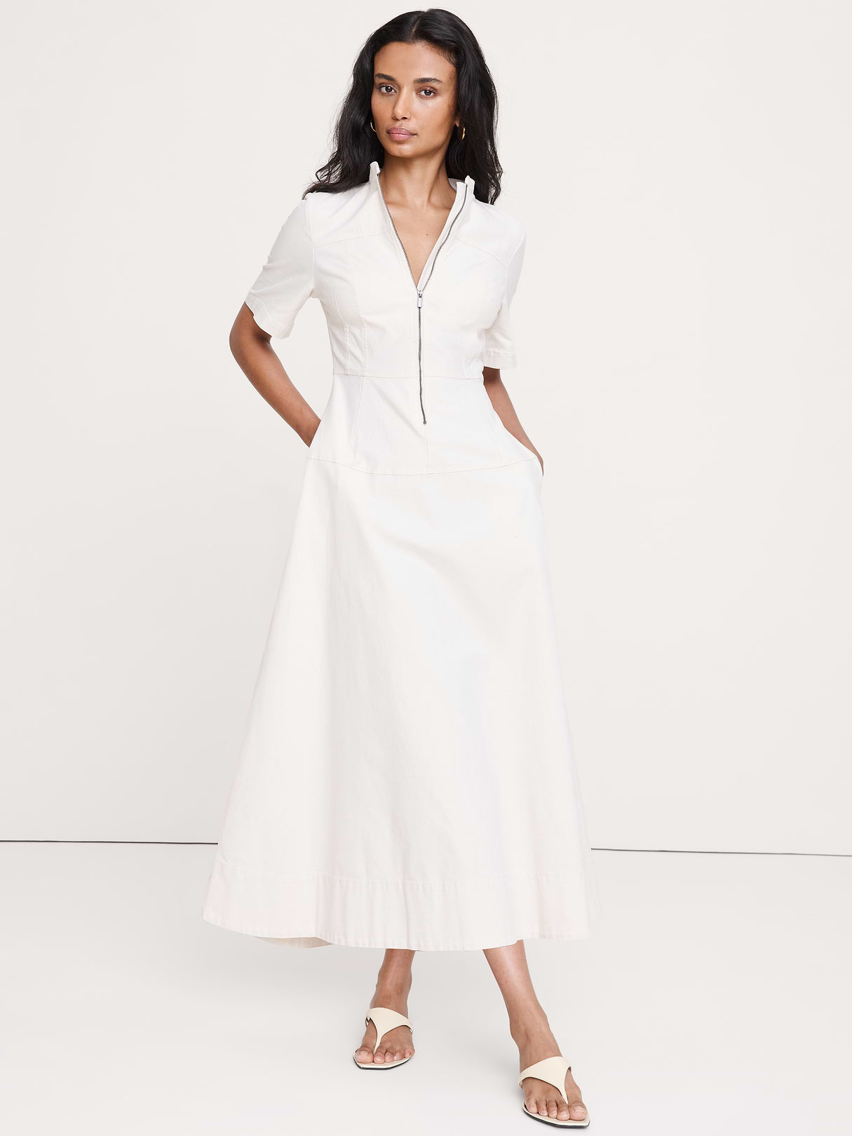 Cotton Canvas Zip-Front Dress - Cream White