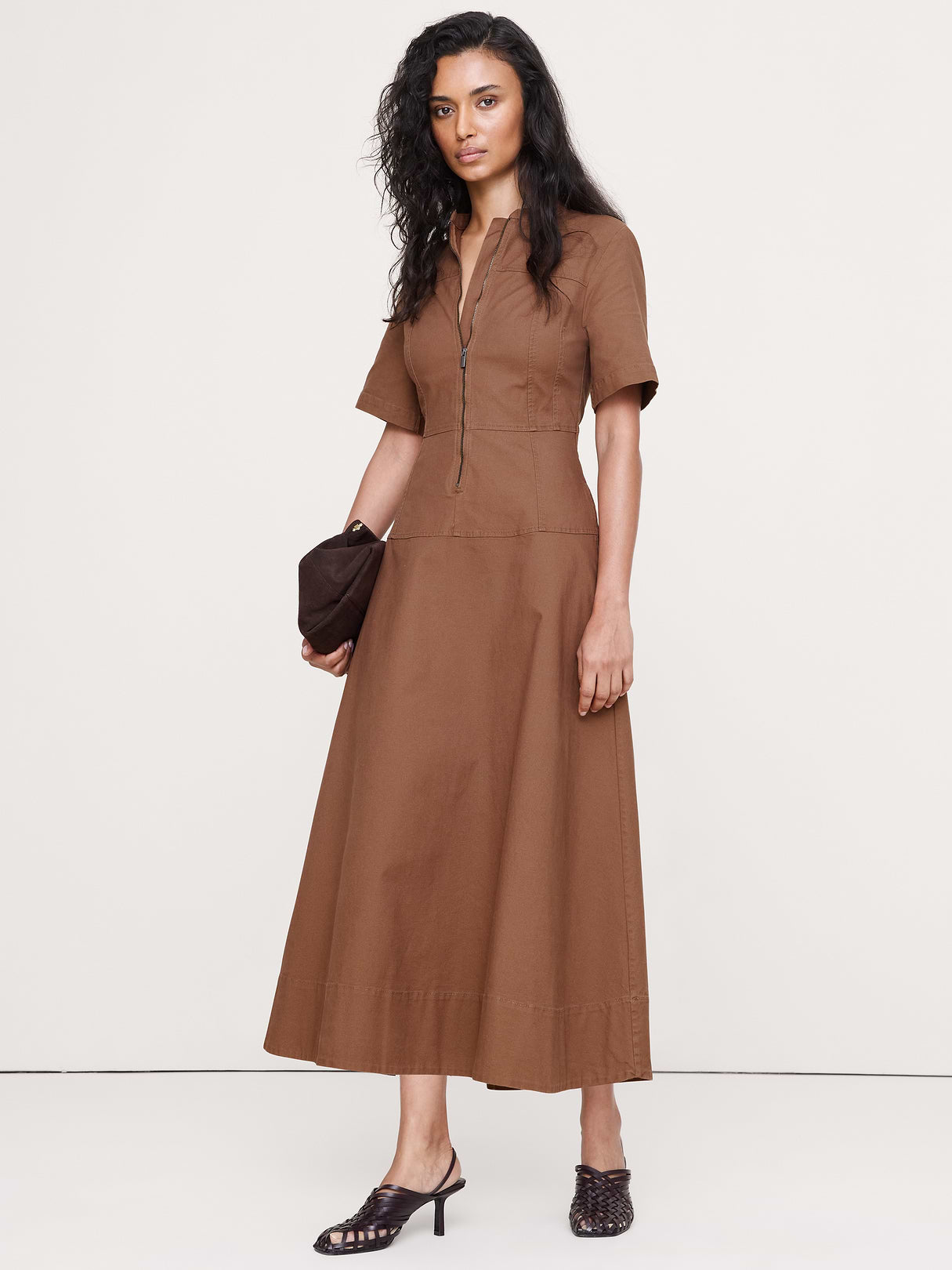 Cotton Canvas Zip-Front Dress - Cinnamon Coffee Brown