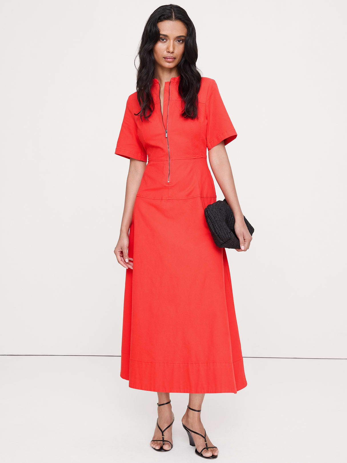 Cotton Canvas Zip-Front Dress - Hot Red