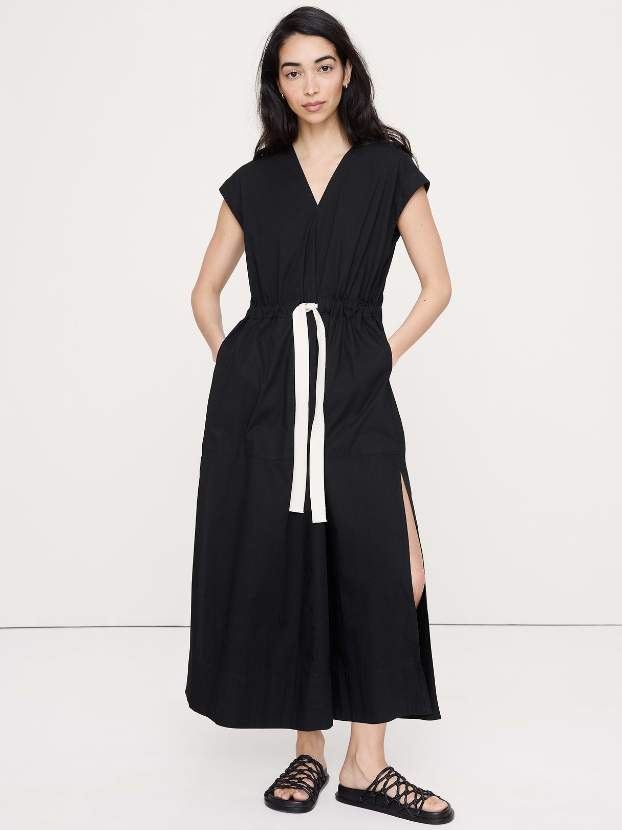 Stretch-Cotton Tie-Waist Maxi Dress - Black