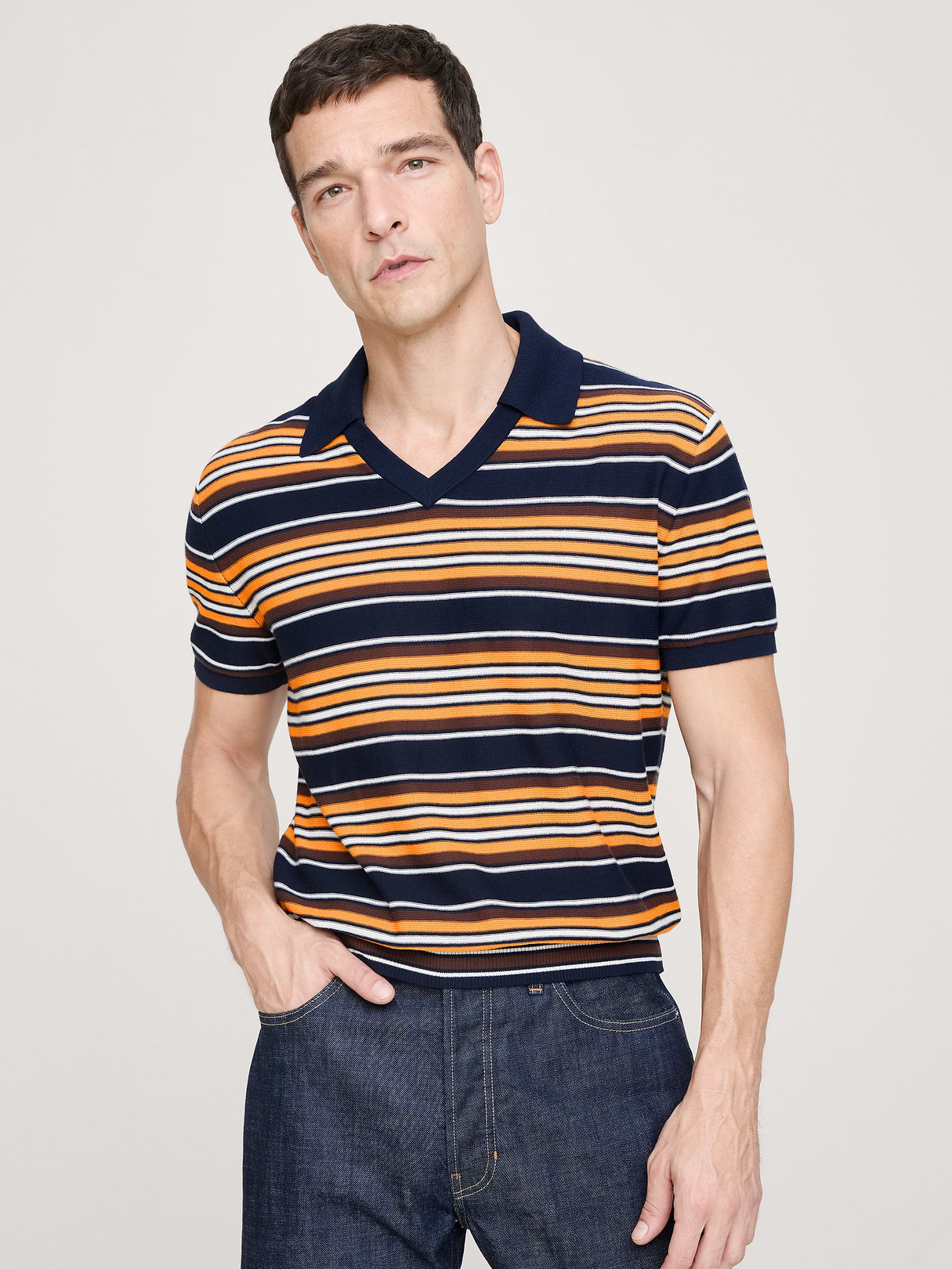Cotton Sweater Polo - Navy Blue Stripe