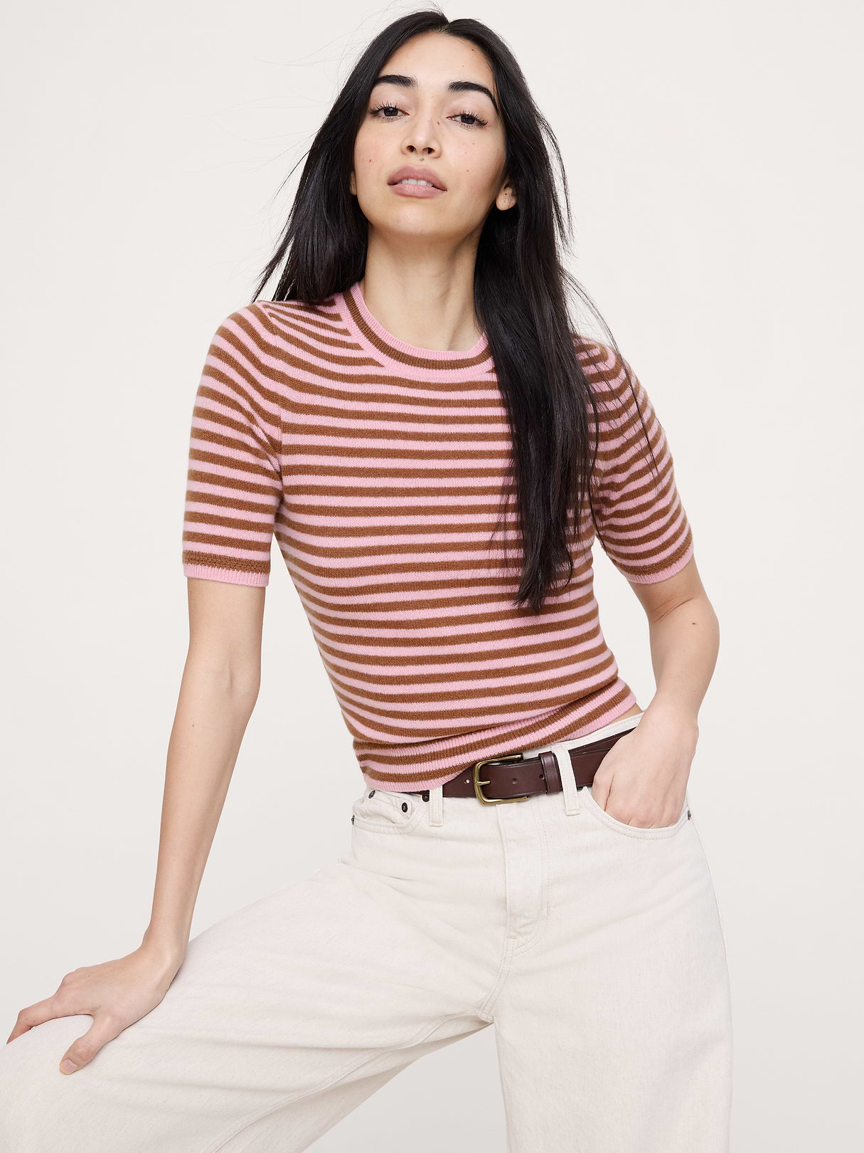 Lightweight Cashmere Short-Sleeve Sweater - Pink Mini Stripe